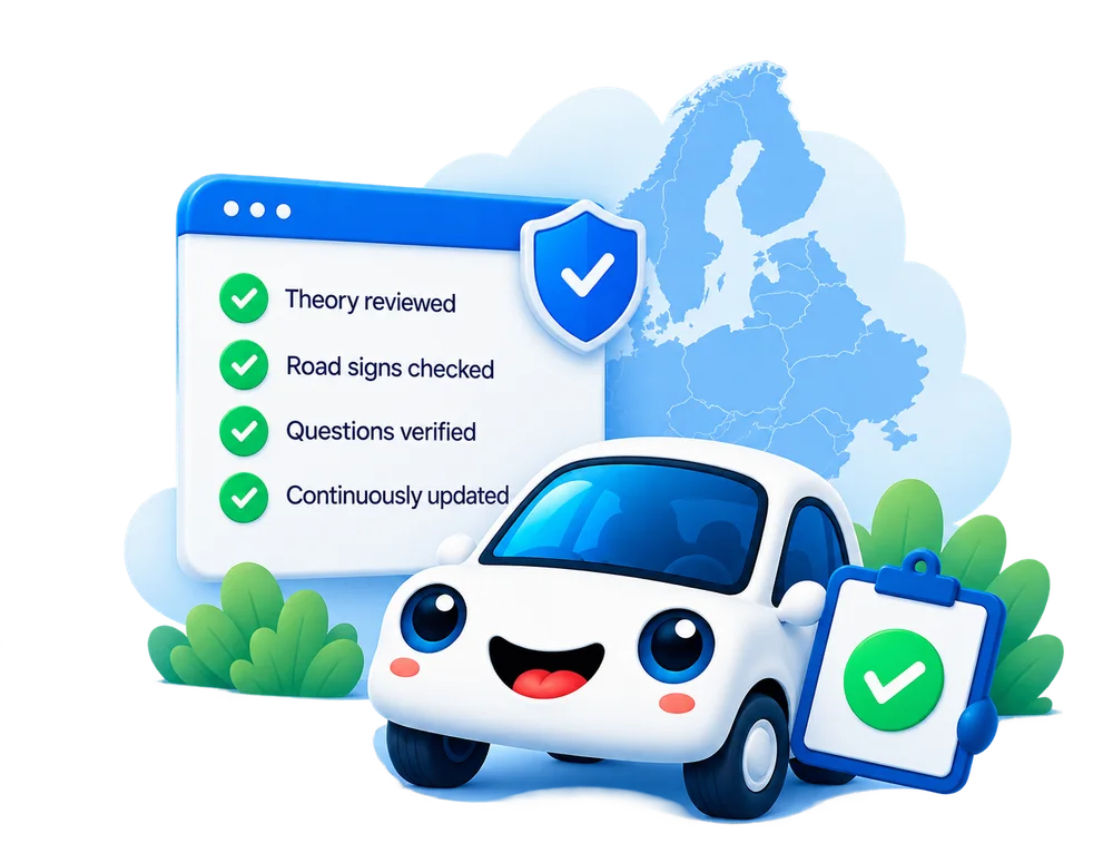 A checklist reading theory
                 reviewed, road signs checked, questions verified and continuously updated, beside
                 a map of Europe